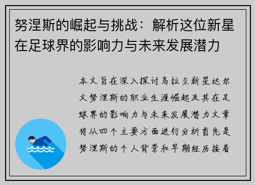 努涅斯的崛起与挑战：解析这位新星在足球界的影响力与未来发展潜力