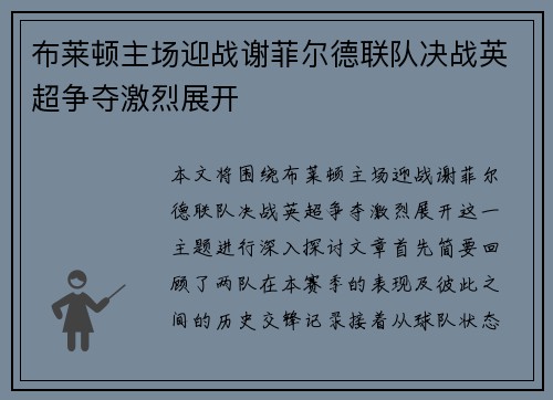 布莱顿主场迎战谢菲尔德联队决战英超争夺激烈展开